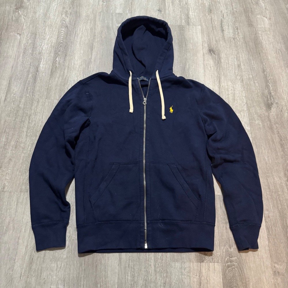 Polo Ralph Lauren Mens Full Zip Hoodie Navy Blue Yellow Pony Logo Small